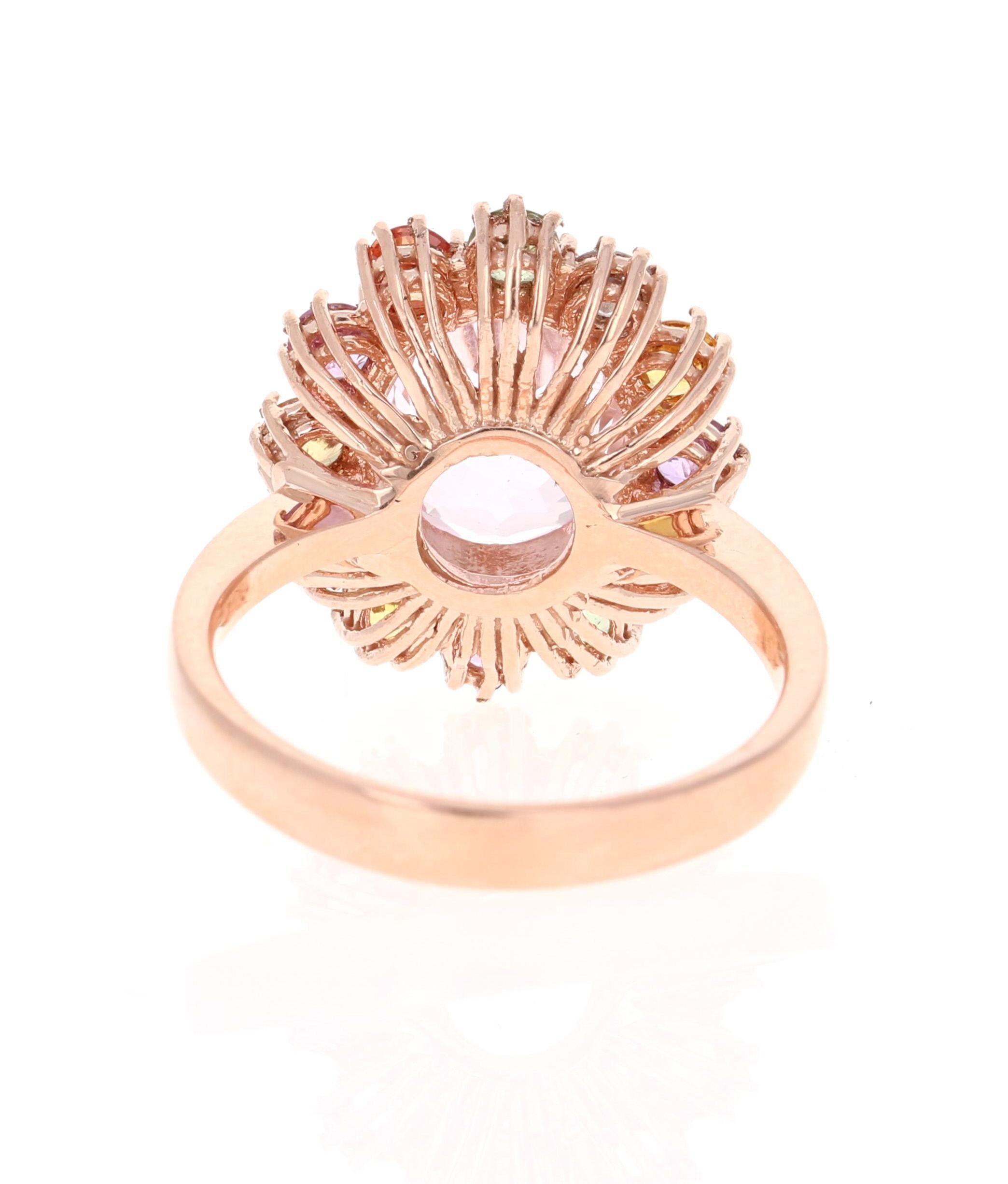 5.60 Carat Kunzite Sapphire Diamond 14 Karat Rose Gold Cocktail Ring In New Condition For Sale In Los Angeles, CA
