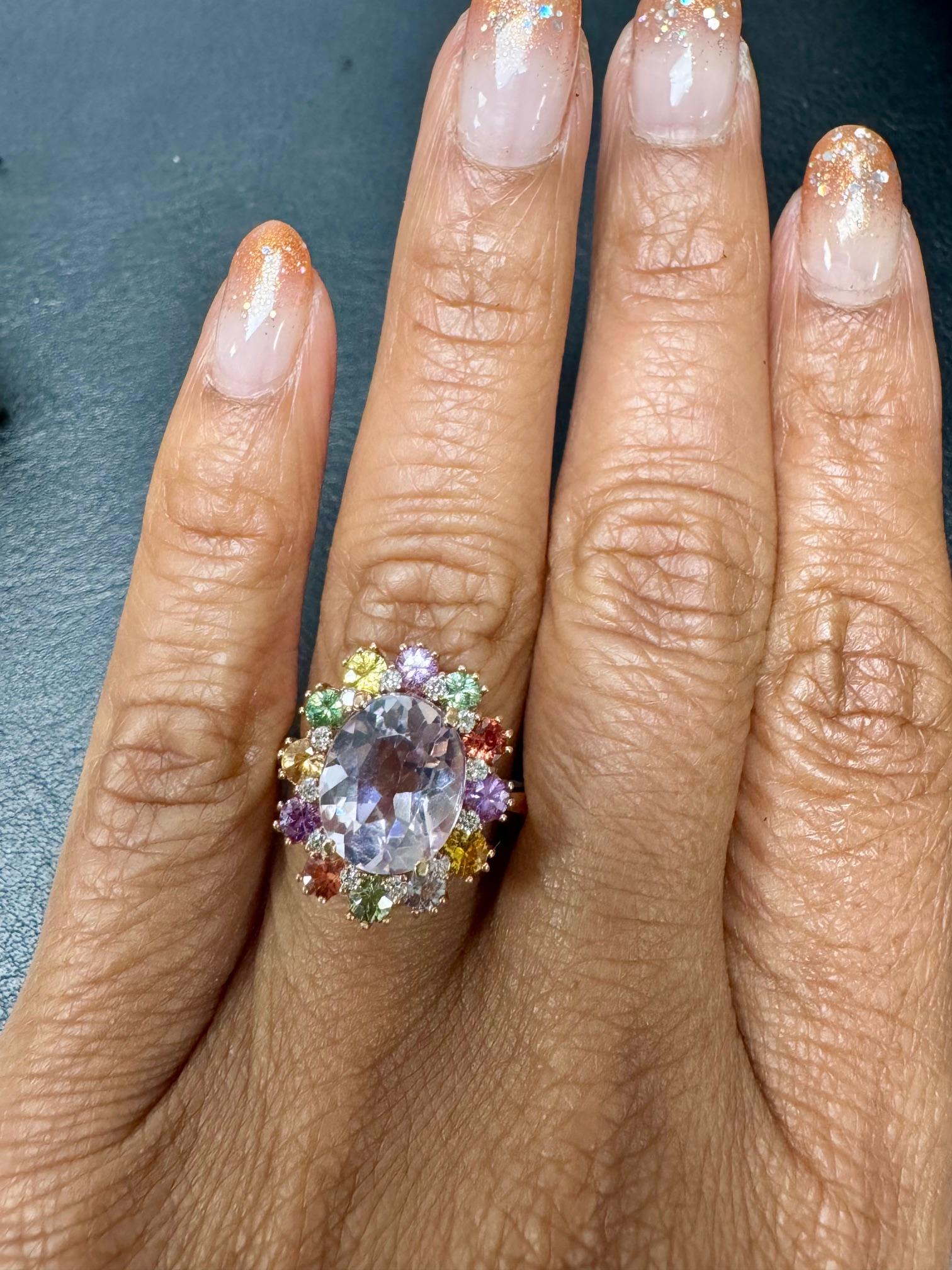 Anello da cocktail in oro rosa 14 carati con zaffiro Kunzite e diamante da 5,60 carati in vendita 1
