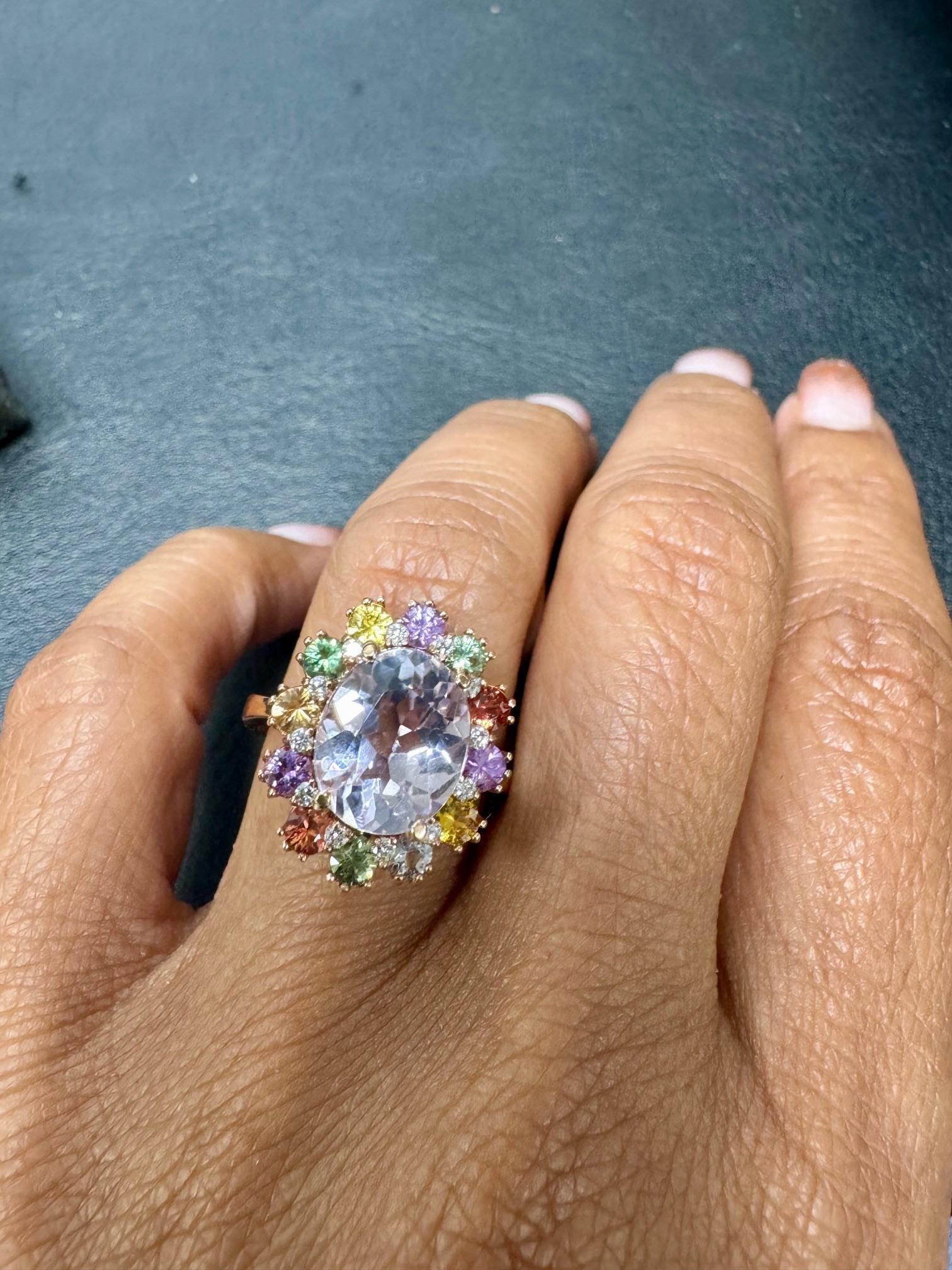 Anello da cocktail in oro rosa 14 carati con zaffiro Kunzite e diamante da 5,60 carati in vendita 2