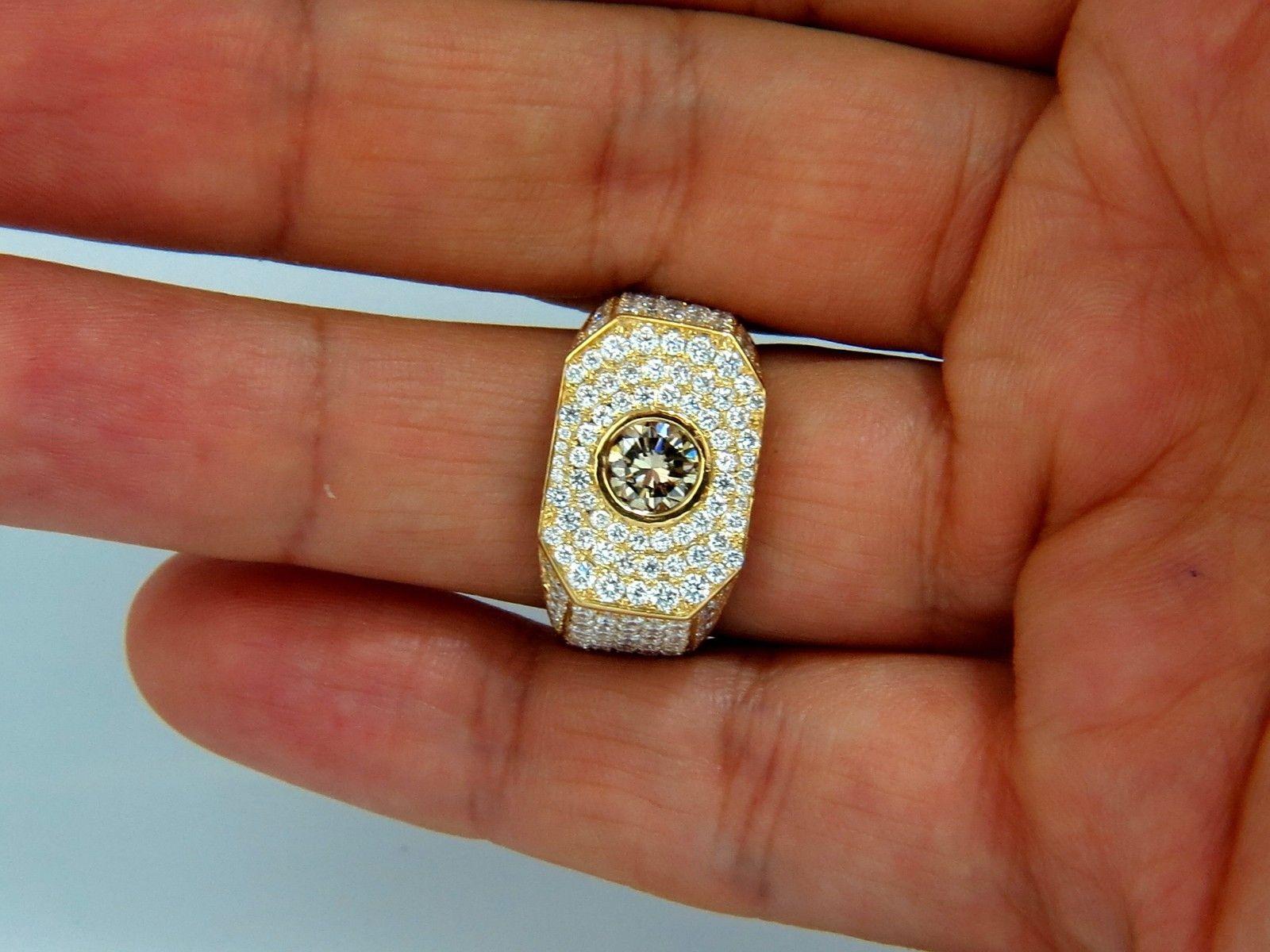 Round Cut 5.60 Carat Men's Natural Fancy Light Brown Diamond Master Bead Set Pave Ring For Sale