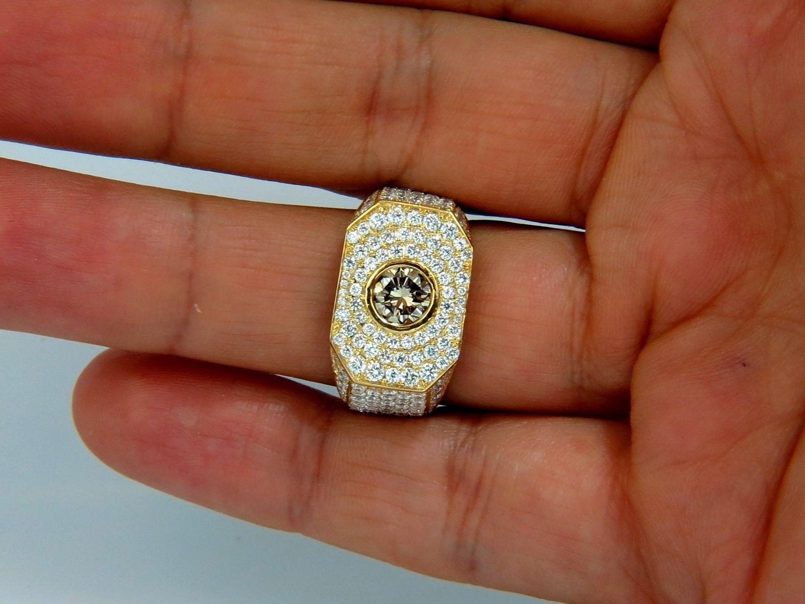 5.60 Carat Men's Natural Fancy Light Brown Diamond Master Bead Set Pave Ring In New Condition For Sale In New York, NY