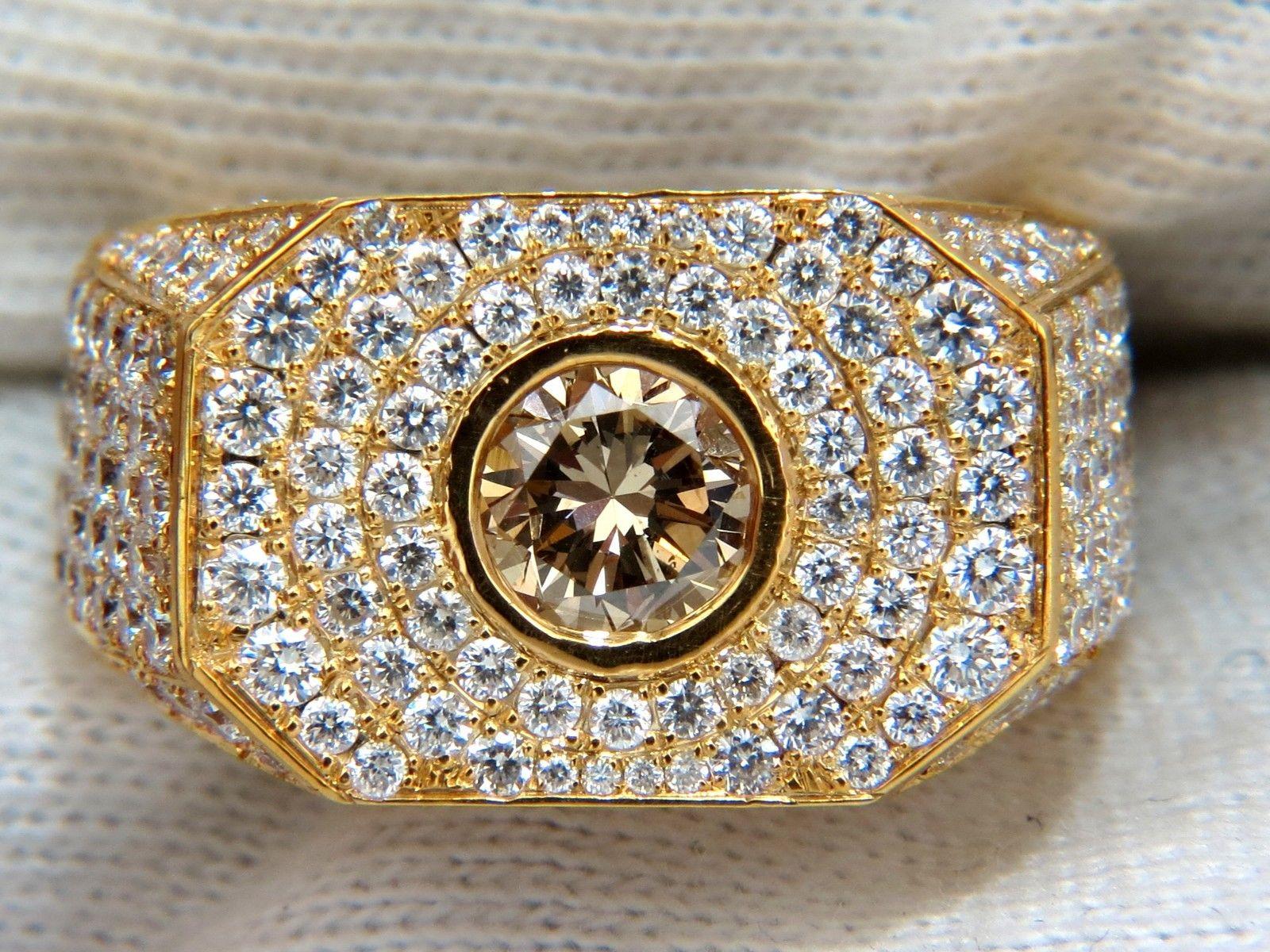 5.60 Carat Men's Natural Fancy Light Brown Diamond Master Bead Set Pave Ring For Sale 1