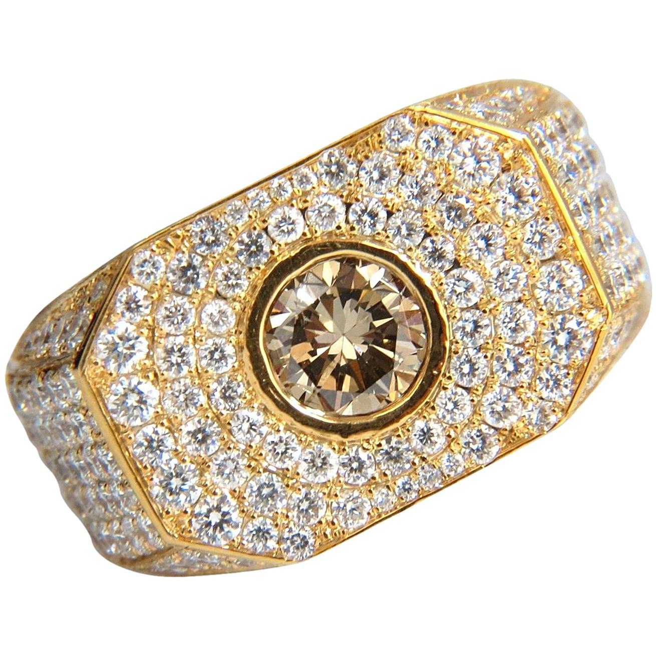 5.60 Carat Men's Natural Fancy Light Brown Diamond Master Bead Set Pave Ring For Sale