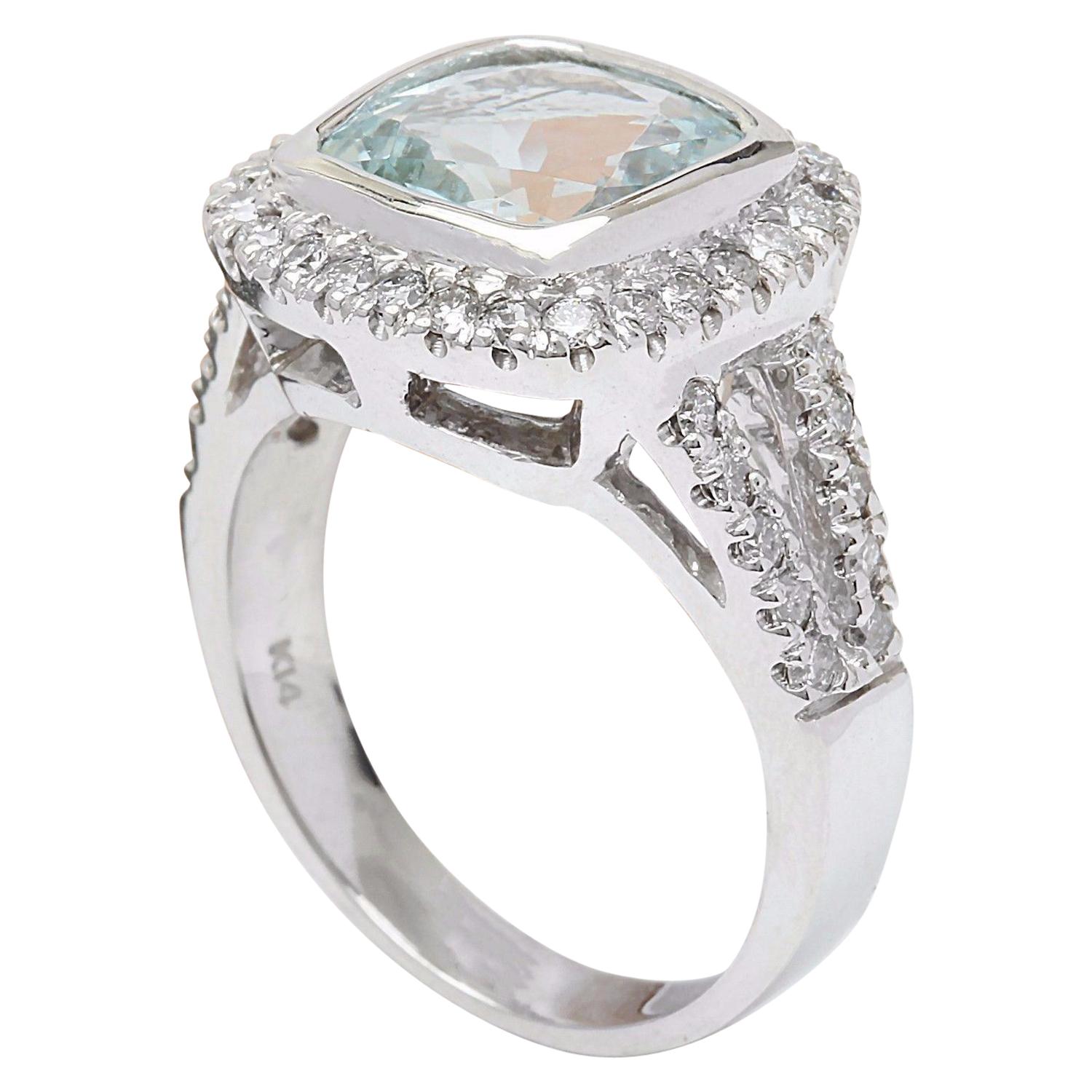 Cushion Cut Aquamarine Diamond Ring In 14 Karat Solid White Gold  For Sale
