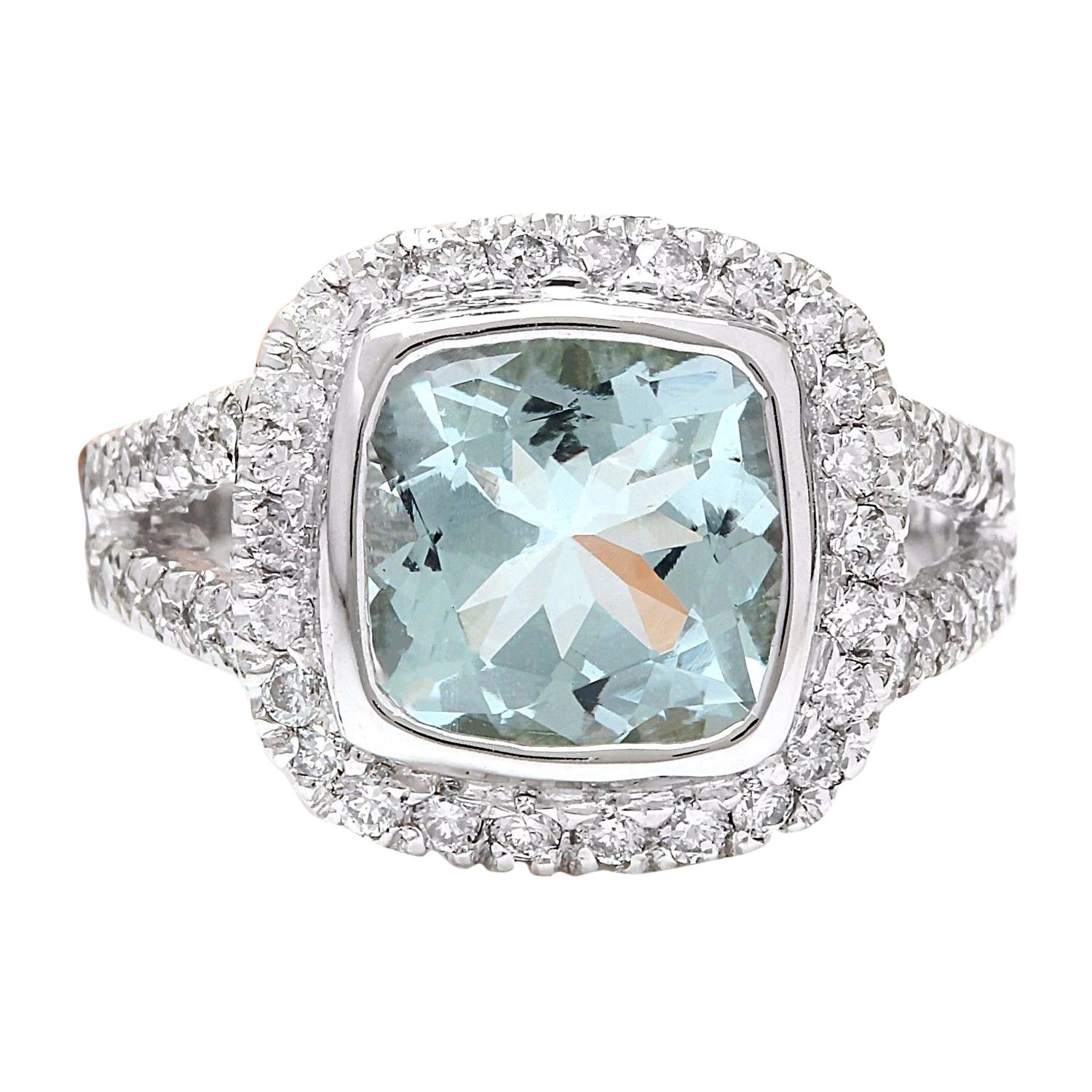 Aquamarine Diamond Ring In 14 Karat Solid White Gold  For Sale