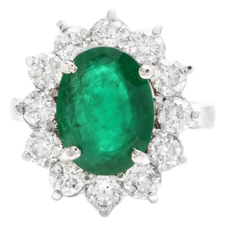 5.60 Carat Natural Emerald and Diamond 14 Karat Solid White Gold Ring For Sale