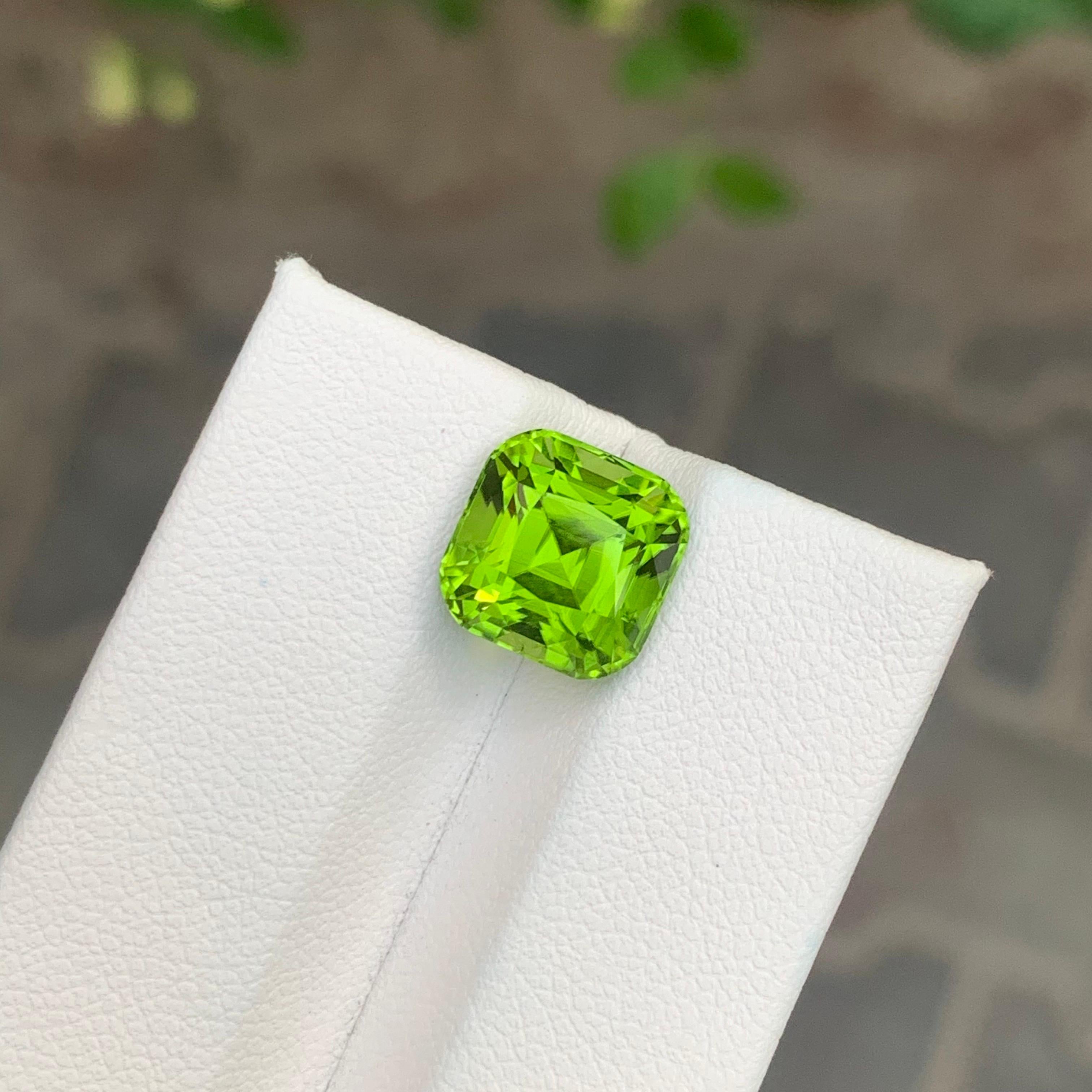 Loose Peridot

Weight: 5.60 Carats
Dimension: 9.6 x 9.5 x 8 Mm
Origin: Supat Valley,  Pakistan
Shape: Cushion 
Color: Green
Treatment: Non

Pakistan peridot is a stunning variety of the green gemstone peridot, known for its remarkable clarity and