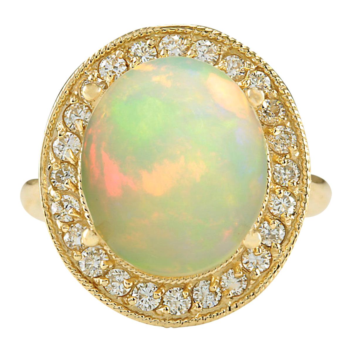 Ring aus 14 Karat Gelbgold mit natürlichem Opal und Diamant im Angebot