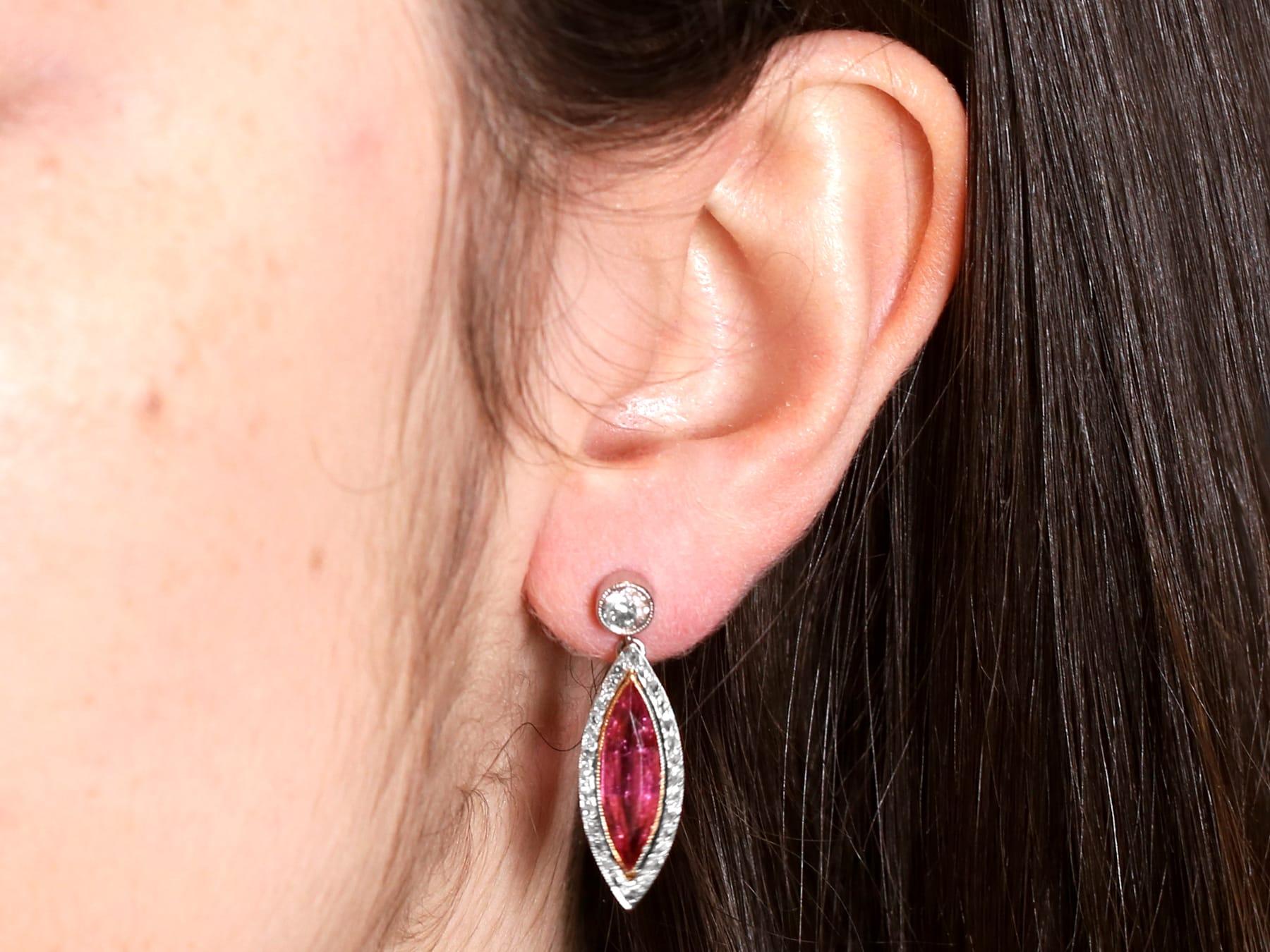 5.60 Carat Pink Tourmaline 1.10 Carat Diamond, Platinum Drop Earrings Circa 1925 im Angebot 5