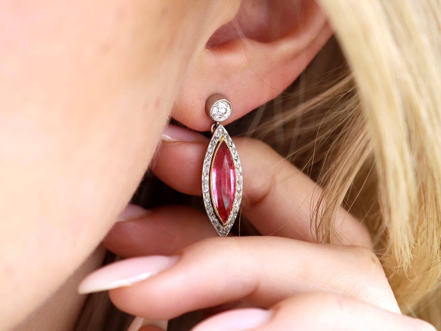 5.60 Carat Pink Tourmaline 1.10 Carat Diamond, Platinum Drop Earrings Circa 1925 (Marquiseschliff) im Angebot