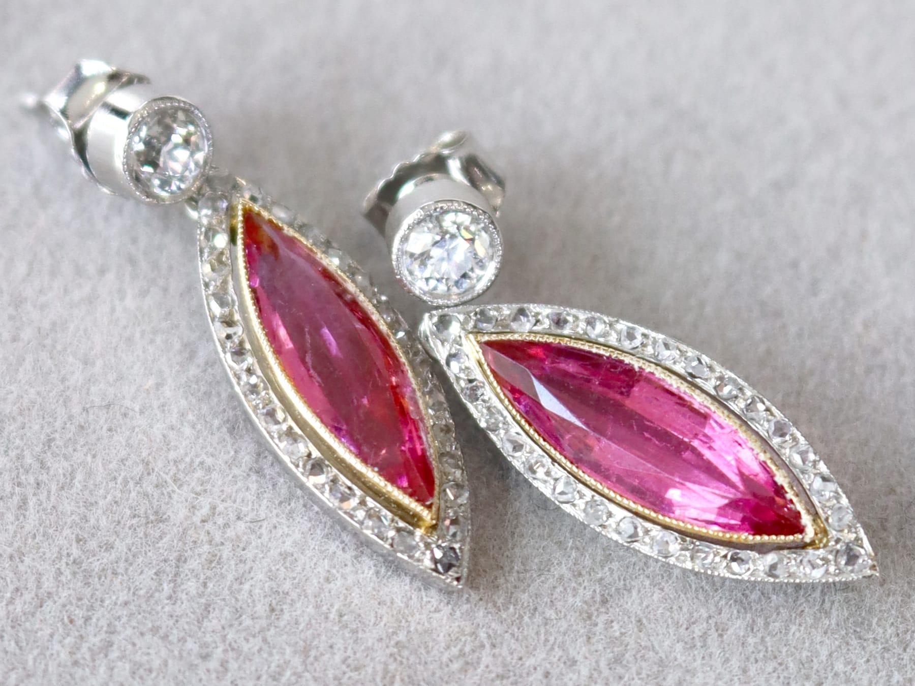 5.60 Carat Pink Tourmaline 1.10 Carat Diamond, Platinum Drop Earrings Circa 1925 im Zustand „Hervorragend“ im Angebot in Jesmond, Newcastle Upon Tyne