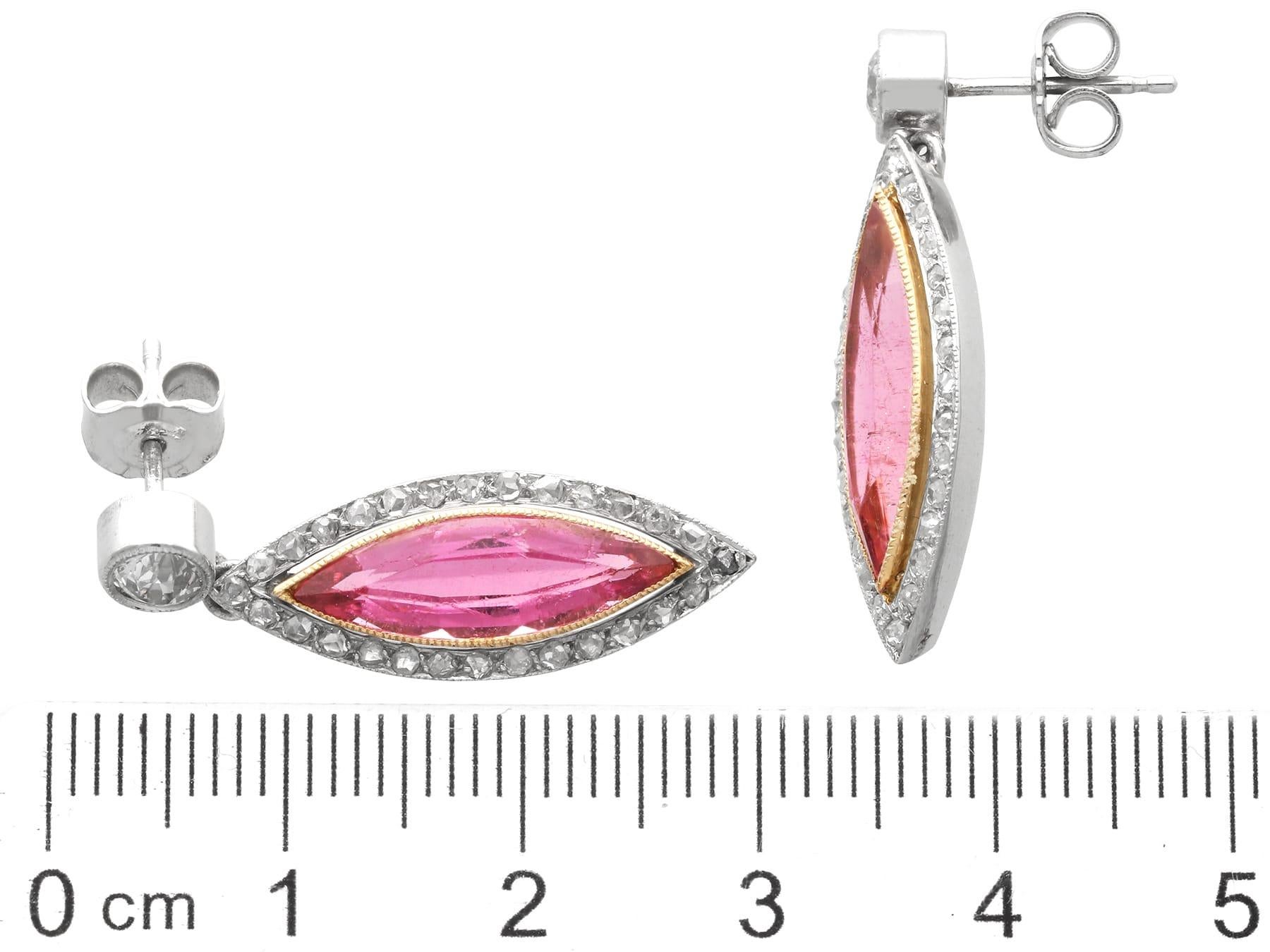 5.60 Carat Pink Tourmaline 1.10 Carat Diamond, Platinum Drop Earrings Circa 1925 im Angebot 3