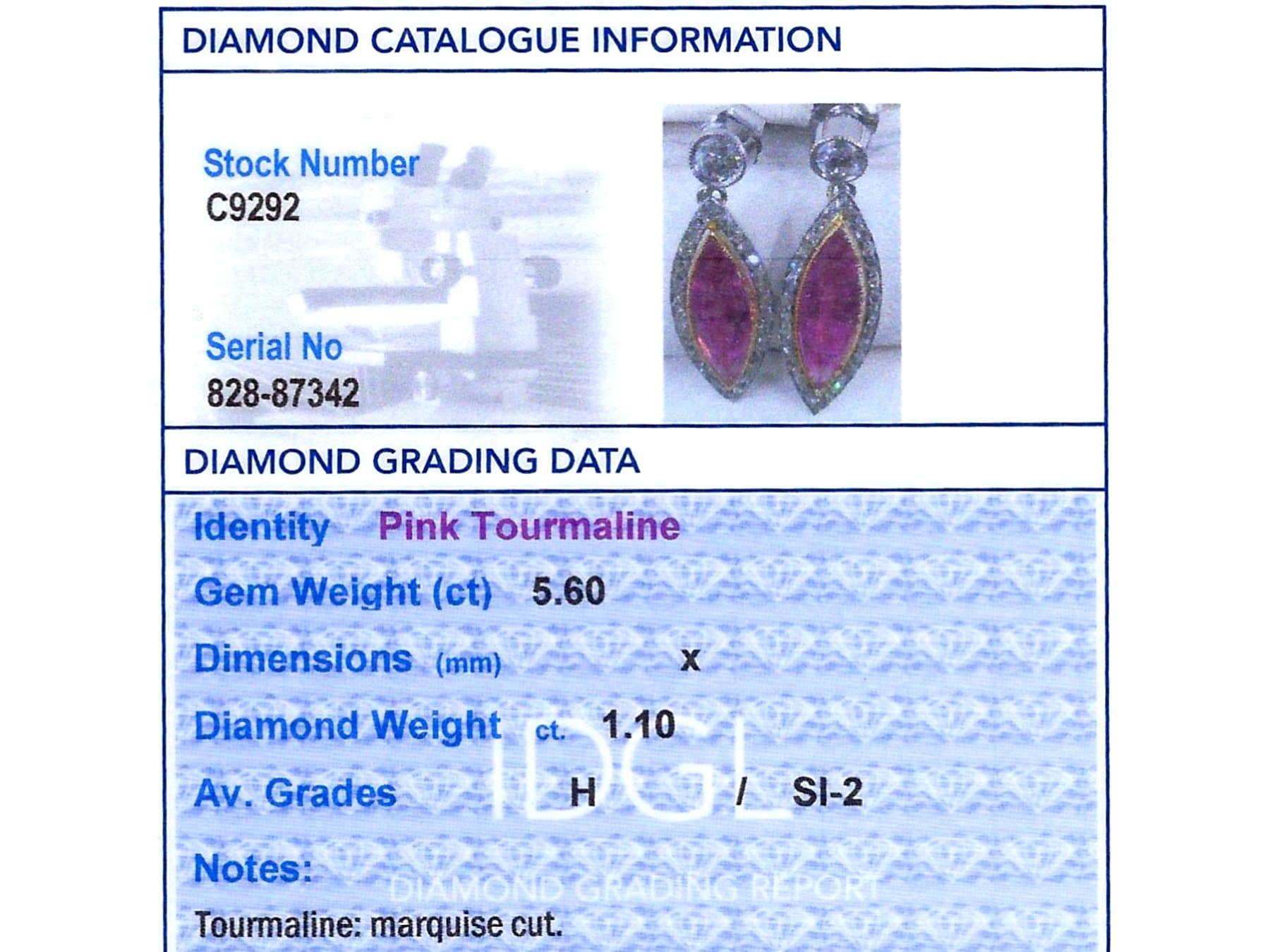 5.60 Carat Pink Tourmaline 1.10 Carat Diamond, Platinum Drop Earrings Circa 1925 im Angebot 4