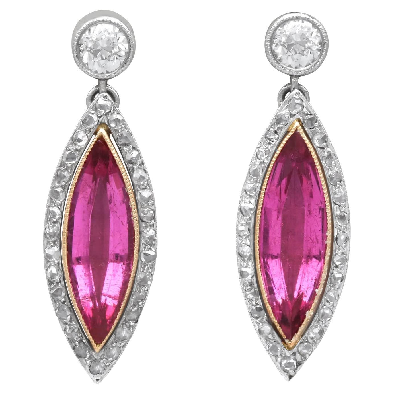 5.60 Carat Pink Tourmaline 1.10 Carat Diamond, Platinum Drop Earrings Circa 1925 im Angebot