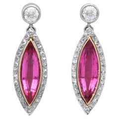 Antique 5.60 Carat Pink Tourmaline 1.10 Carat Diamond, Platinum Drop Earrings Circa 1925