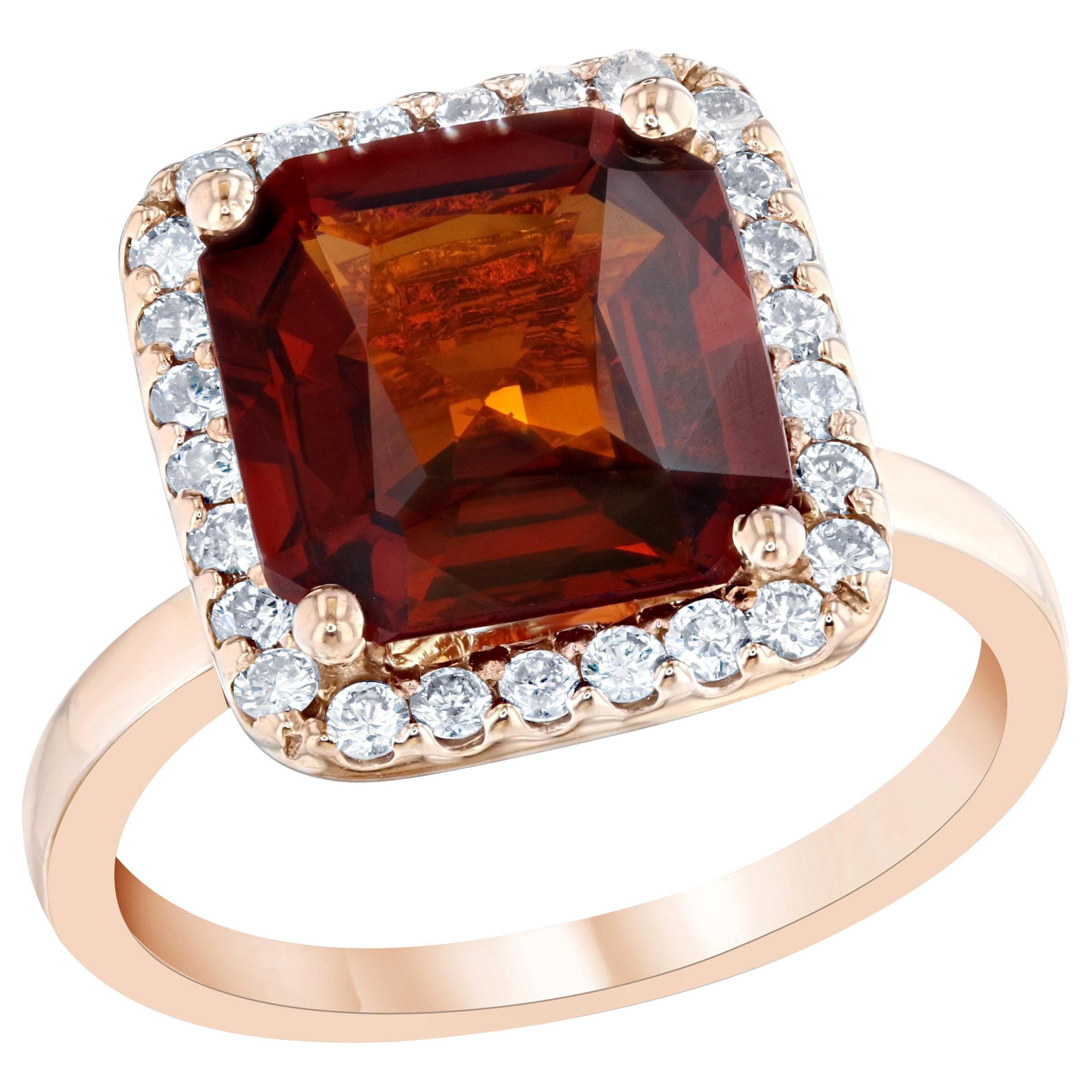 5.60 Carat Spessartine Garnet Diamond 14 Karat Rose Gold Bridal Ring For Sale