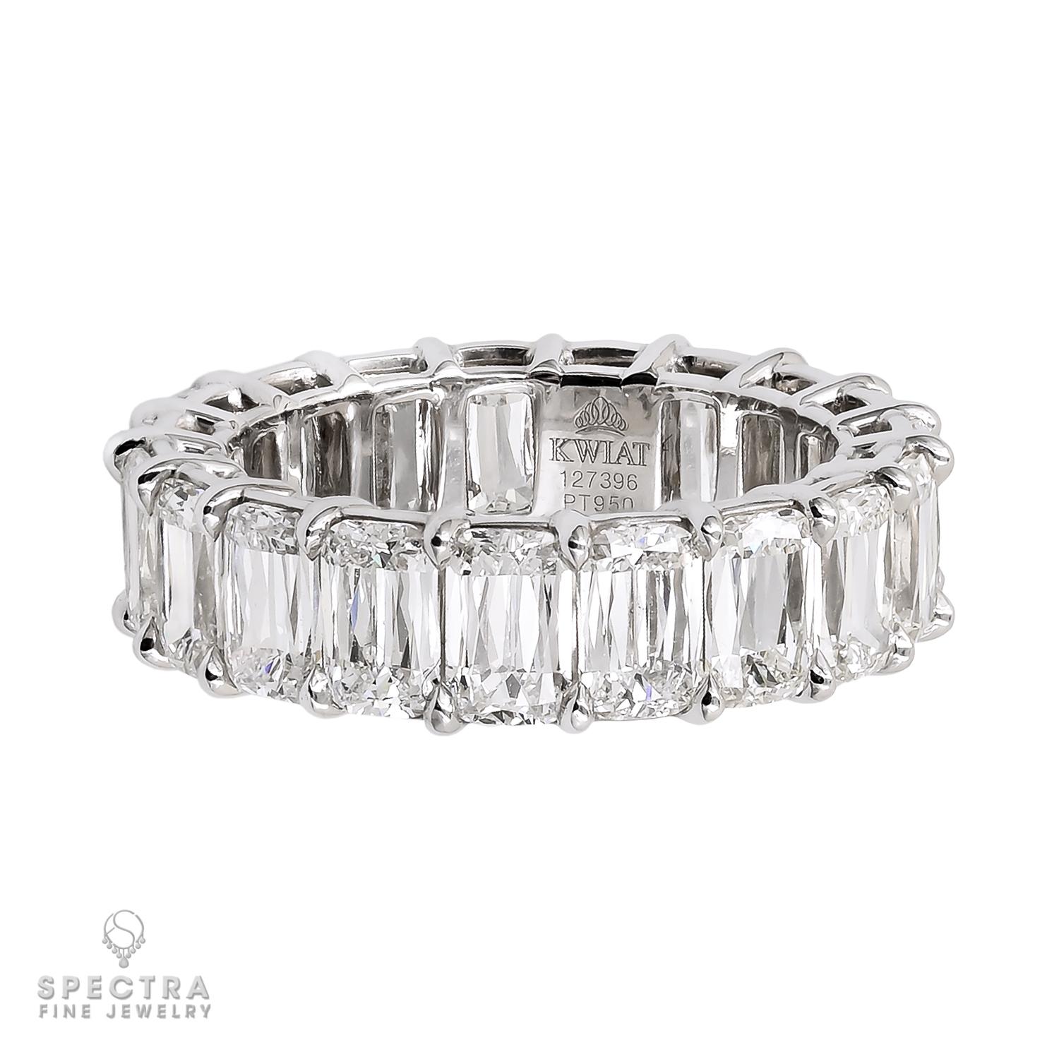 Crafted by Kwiat, the Cushion-cut Diamond Platinum Eternity Wedding Band is a modern masterpiece symbolizing enduring love. Featuring 19 modified cushion-cut (also known in the trade as ashoka-cut) diamonds totaling around 5.60 carats, each diamond,