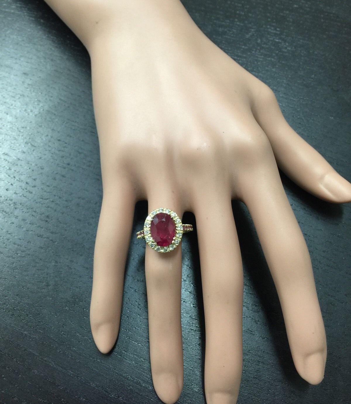 Women's 5.60 Carat Gorgeous Natural Red Ruby and Diamond 14 Karat Solid Yellow Gold Ring For Sale