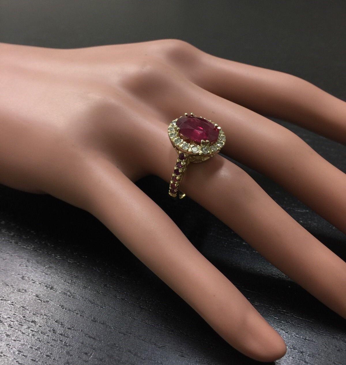 5.60 Carat Gorgeous Natural Red Ruby and Diamond 14 Karat Solid Yellow Gold Ring For Sale 2