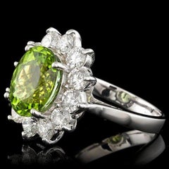 5.60 Carats Natural Green Tourmaline and Diamond 14k Solid White Gold Ring