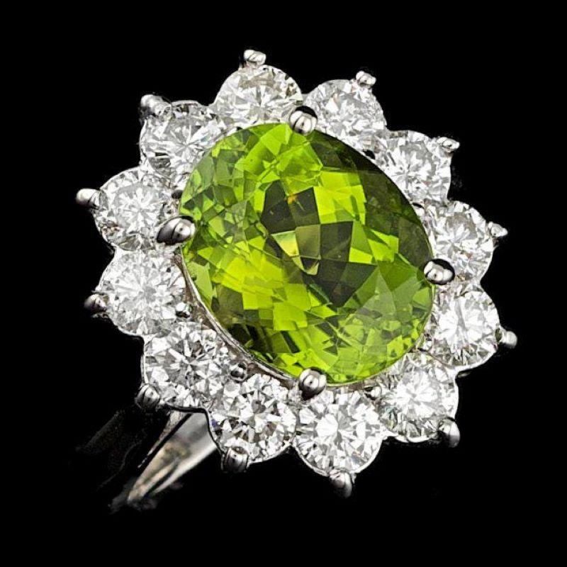 Mixed Cut 5.60 Carats Natural Green Tourmaline and Diamond 14k Solid White Gold Ring For Sale