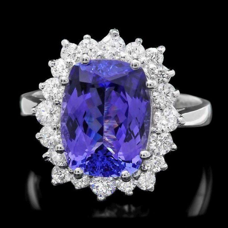 Mixed Cut 5.60 Carats Natural Tanzanite and Diamond 14K Solid White Gold Ring For Sale