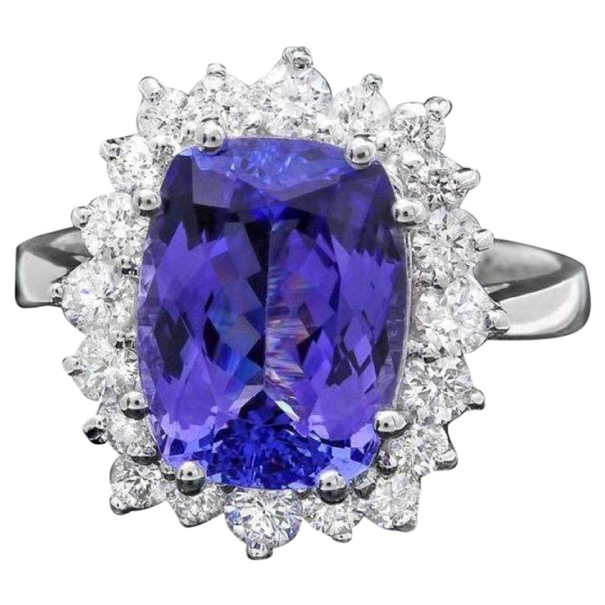 Anello in oro bianco massiccio 14K con tanzanite naturale e diamanti da 5,60 carati