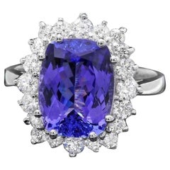14 Karat massiver Weißgold Ring mit 5,60 Karat natürlichem Tansanit und Diamant
