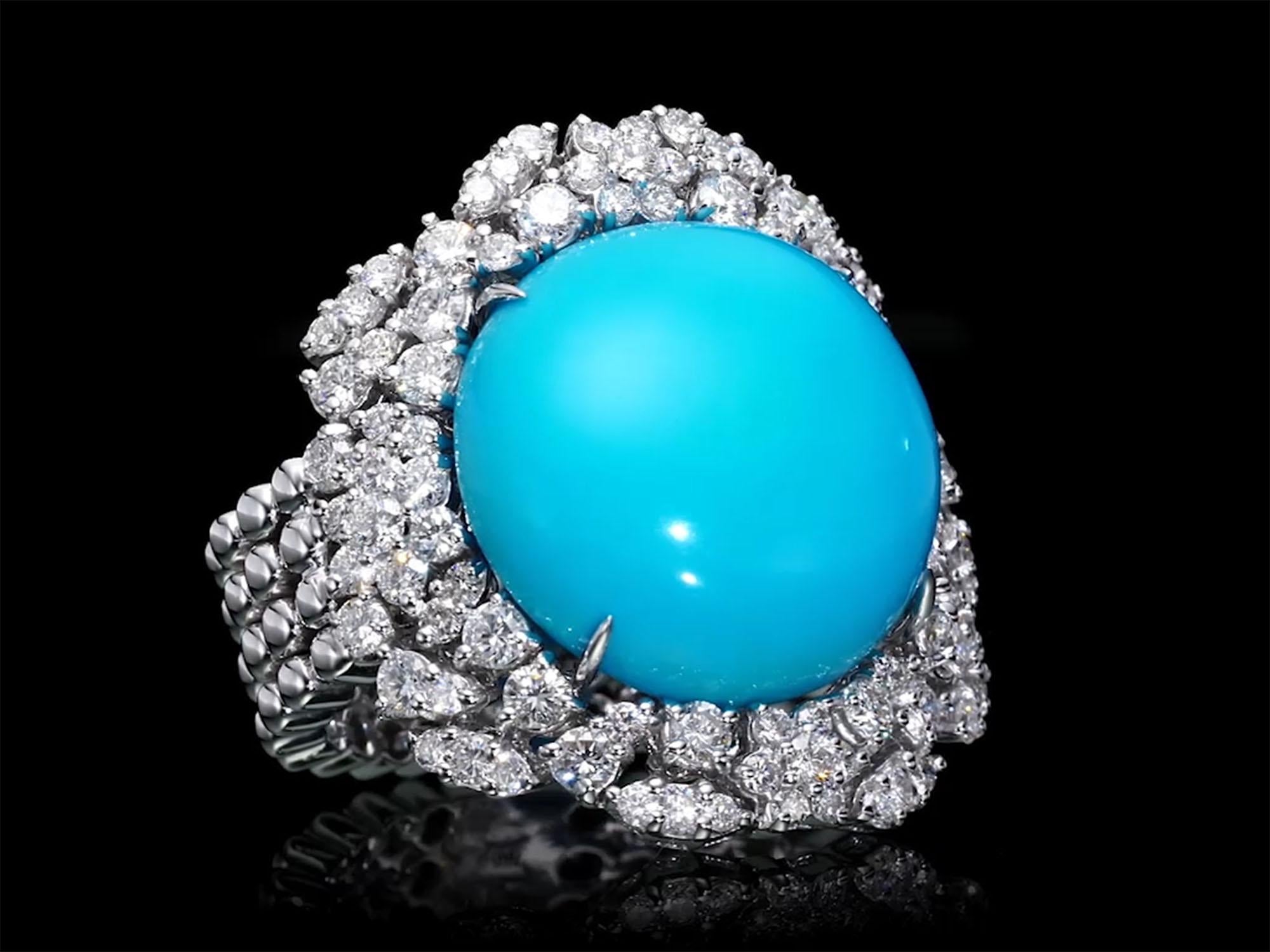 Art Deco 5.60 Turquoise ring with 2.87 carat natural diamond D- F / VS, Statement Rings For Sale