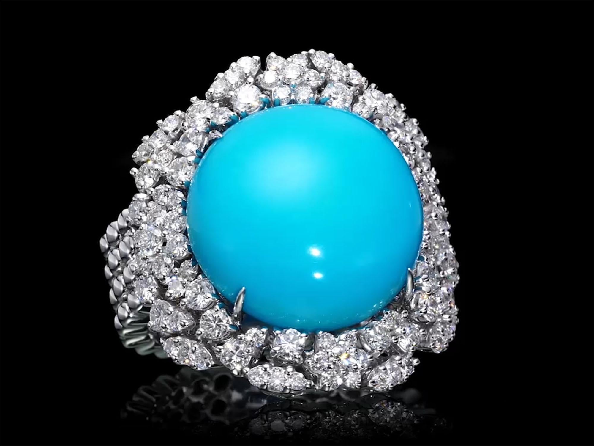 Oval Cut 5.60 Turquoise ring with 2.87 carat natural diamond D- F / VS, Statement Rings For Sale