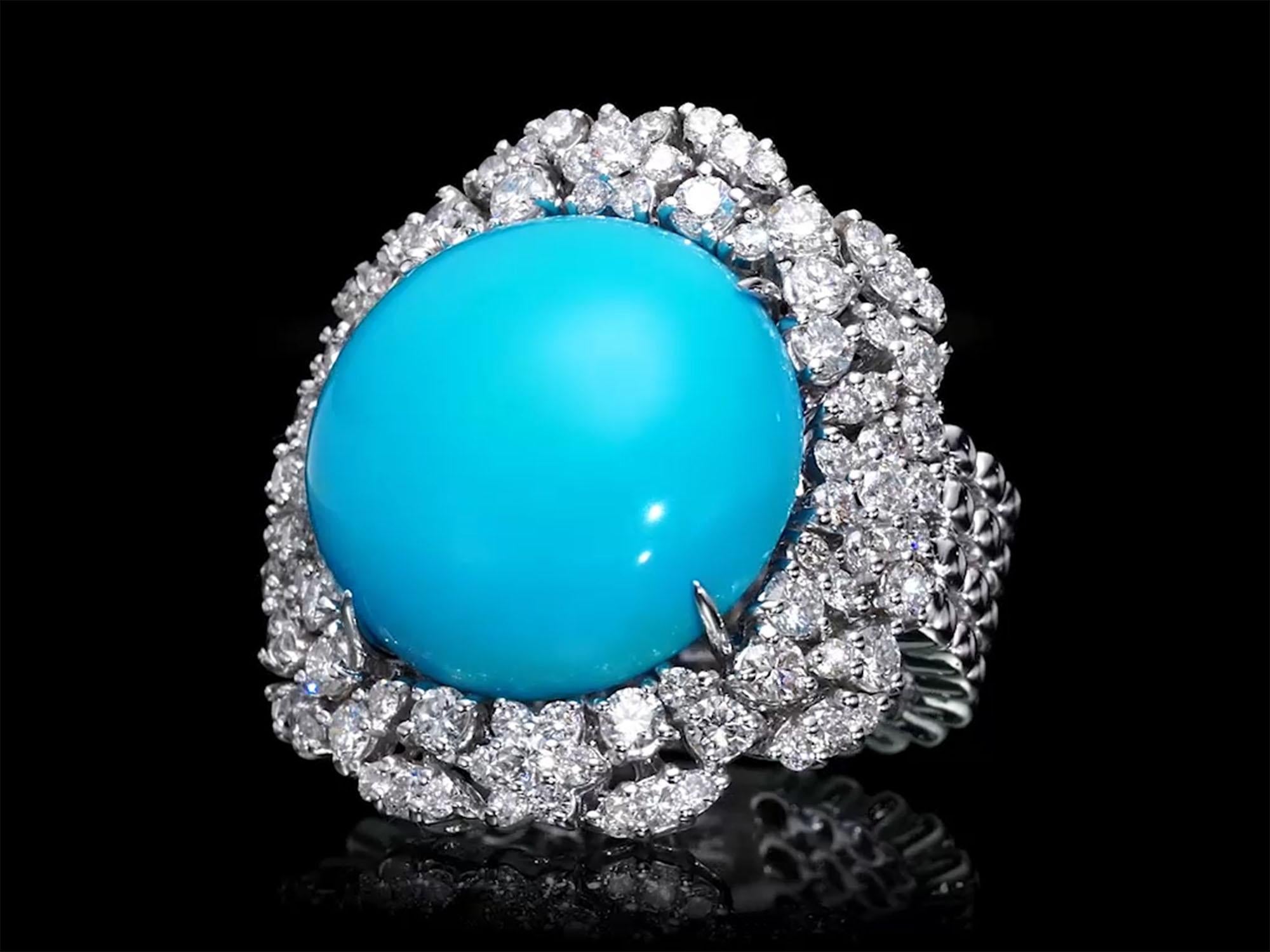 5.60 Turquoise ring with 2.87 carat natural diamond D- F / VS, Statement Rings In New Condition For Sale In Ramat Gan, IL