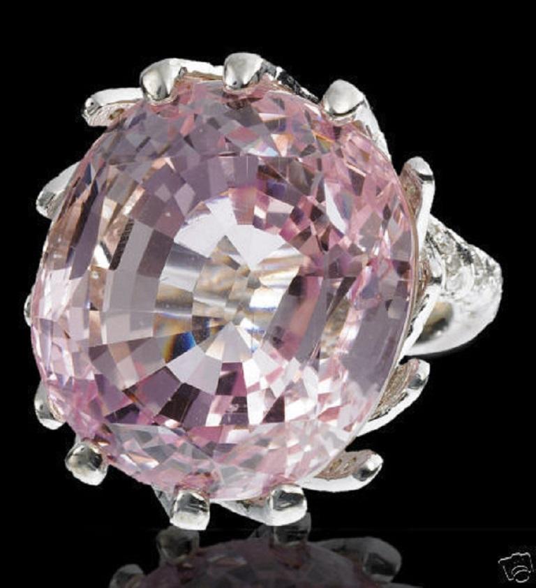 Oval Cut 56.00 Carat Natural Vivid Pink Kunzite Diamond Ring 14 Karat Raised Twist For Sale