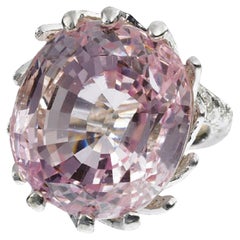 56.00 Carat Natural Vivid Pink Kunzite Diamond Ring 14 Karat Raised Twist*
