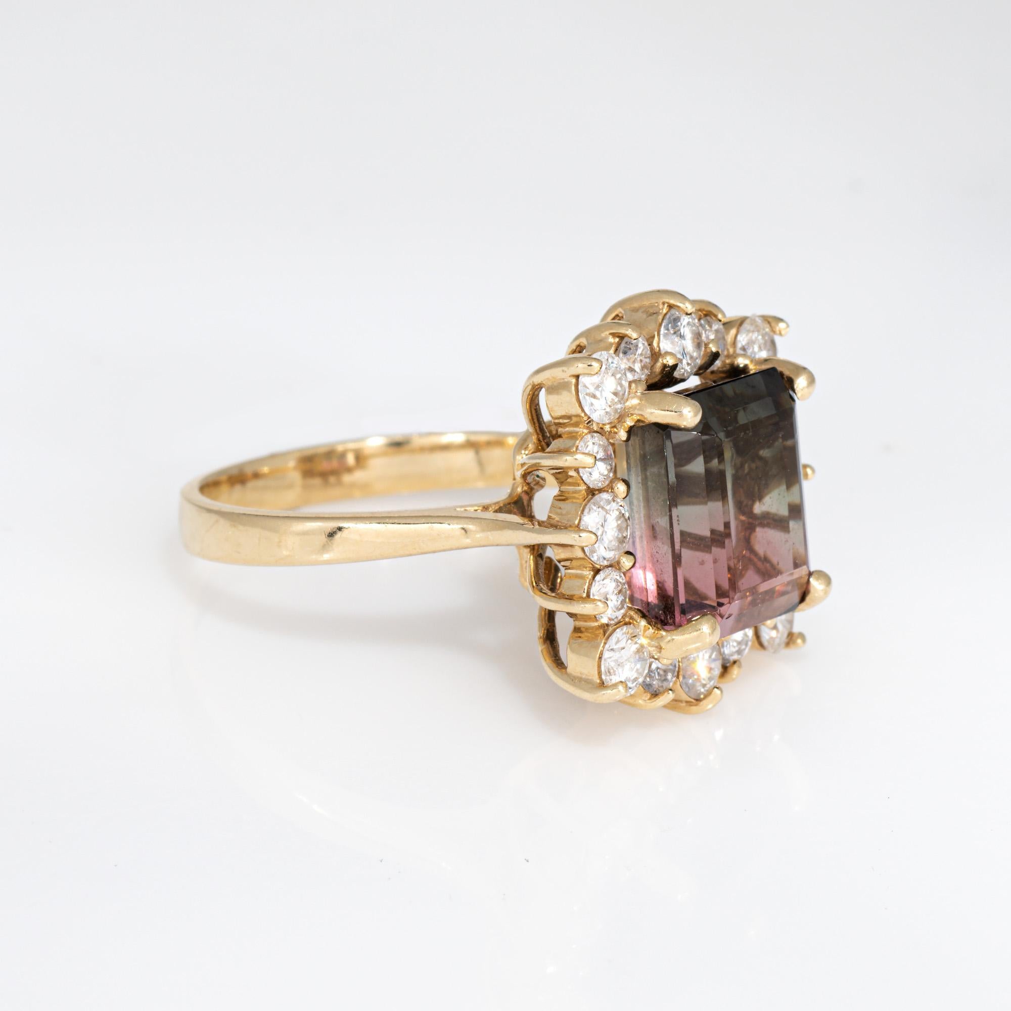 Modern 5.60ct Bi Color Tourmaline Ring Diamond 14k Yellow Gold 7 Emerald Cut Jewelry For Sale