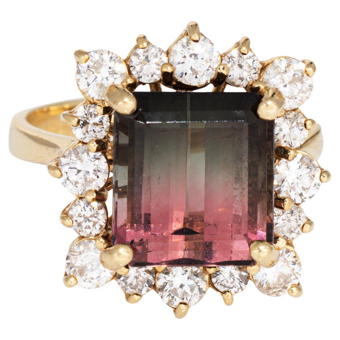 5.60ct Bi Color Tourmaline Ring Diamond 14k Yellow Gold 7 Emerald Cut Jewelry