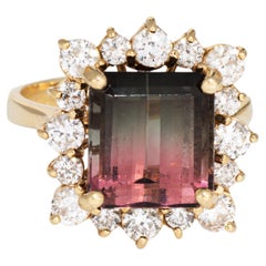 5.60ct Bi Color Tourmaline Ring Diamond 14k Yellow Gold 7 Emerald Cut Jewelry