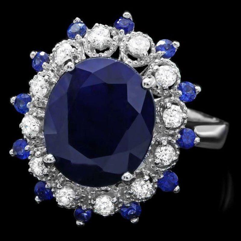 Mixed Cut 5.60ct Natural Blue Sapphire & Diamond 14k Solid White Gold Ring For Sale