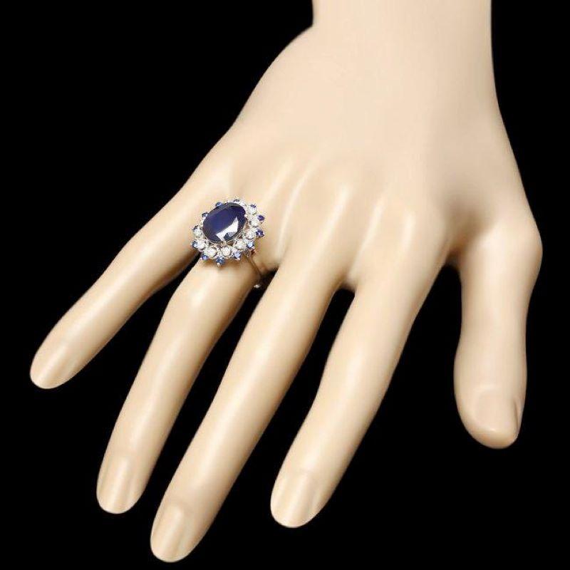 5.60ct Natural Blue Sapphire & Diamond 14k Solid White Gold Ring In New Condition For Sale In Los Angeles, CA