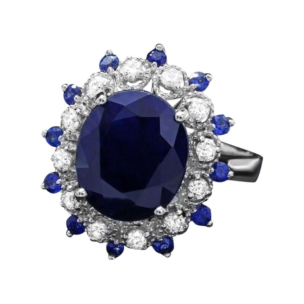 5.60ct Natural Blue Sapphire & Diamond 14k Solid White Gold Ring For Sale