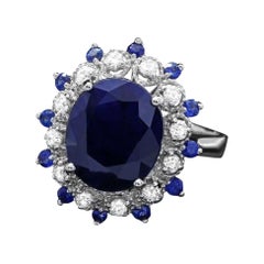5.60ct Natural Blue Sapphire & Diamond 14k Solid White Gold Ring