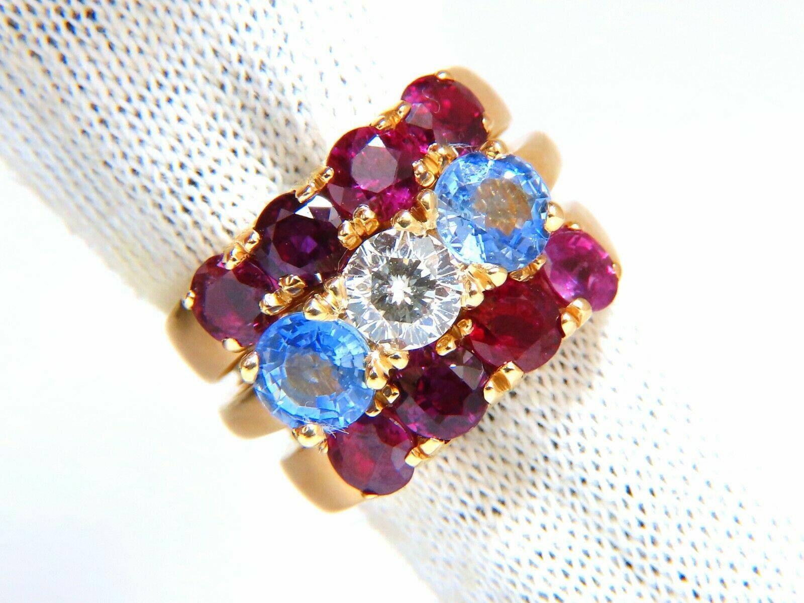stackable Rings

3.50ct. round cut Natural Rubies,

1.60ct  (2) Sapphires

.50ct Diamond

G-color Vs-2 Clarity

Three rings.

(VS) Clean Clarity 

Transparent & Vivid colors.

14kt yellow gold

11.6 grams.

Rings put together:  13mm wide

current