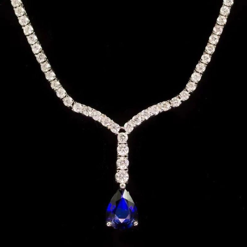 5.60ct Natural Sapphire and Diamond 18K Solid White Gold Necklace In New Condition For Sale In Los Angeles, CA