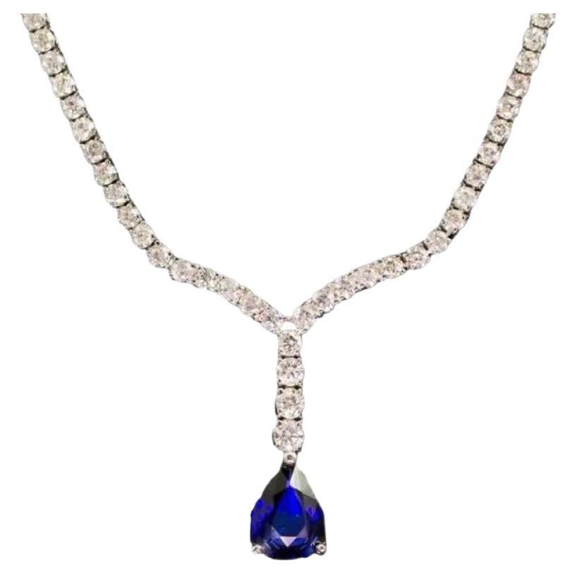 5.60ct Natural Sapphire and Diamond 18K Solid White Gold Necklace