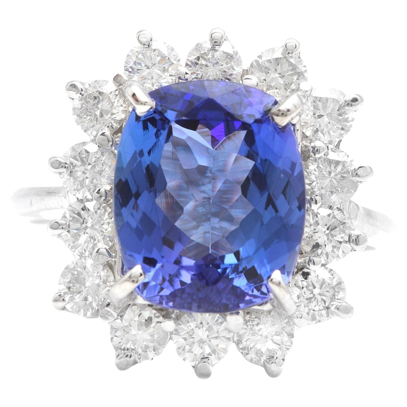 5.60ct Natural Very Nice Looking Tanzanite and Diamond 14K Solid White Gold Ring For Sale