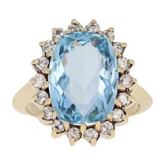 5.60 Carat Cushion Brilliant Aquamarine and Diamond Ring, 14 Karat Gold Halo