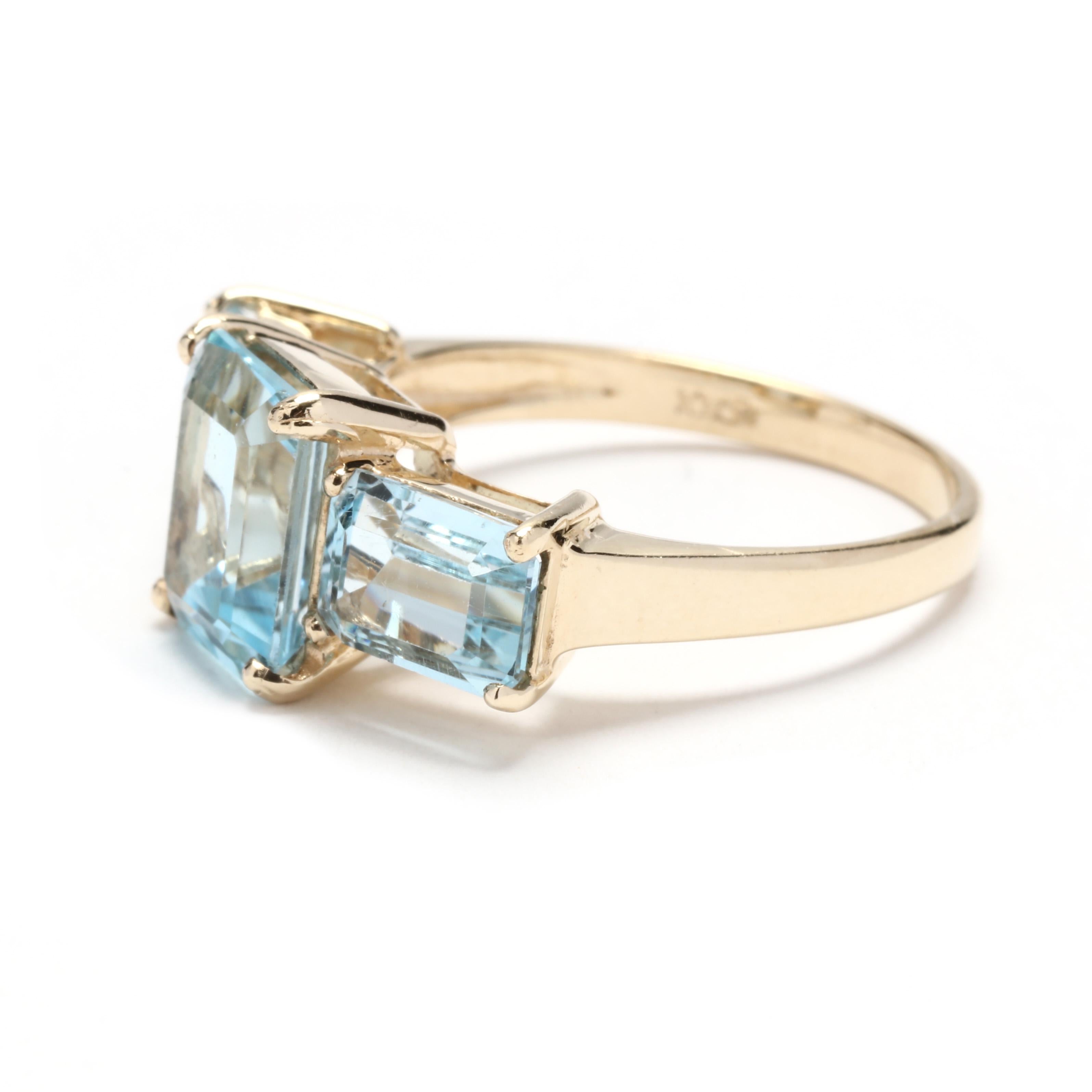 Women's or Men's 5.60ctw Emerald Cut Blue Topaz Three Stone Ring, 10Kt Yellow Gold