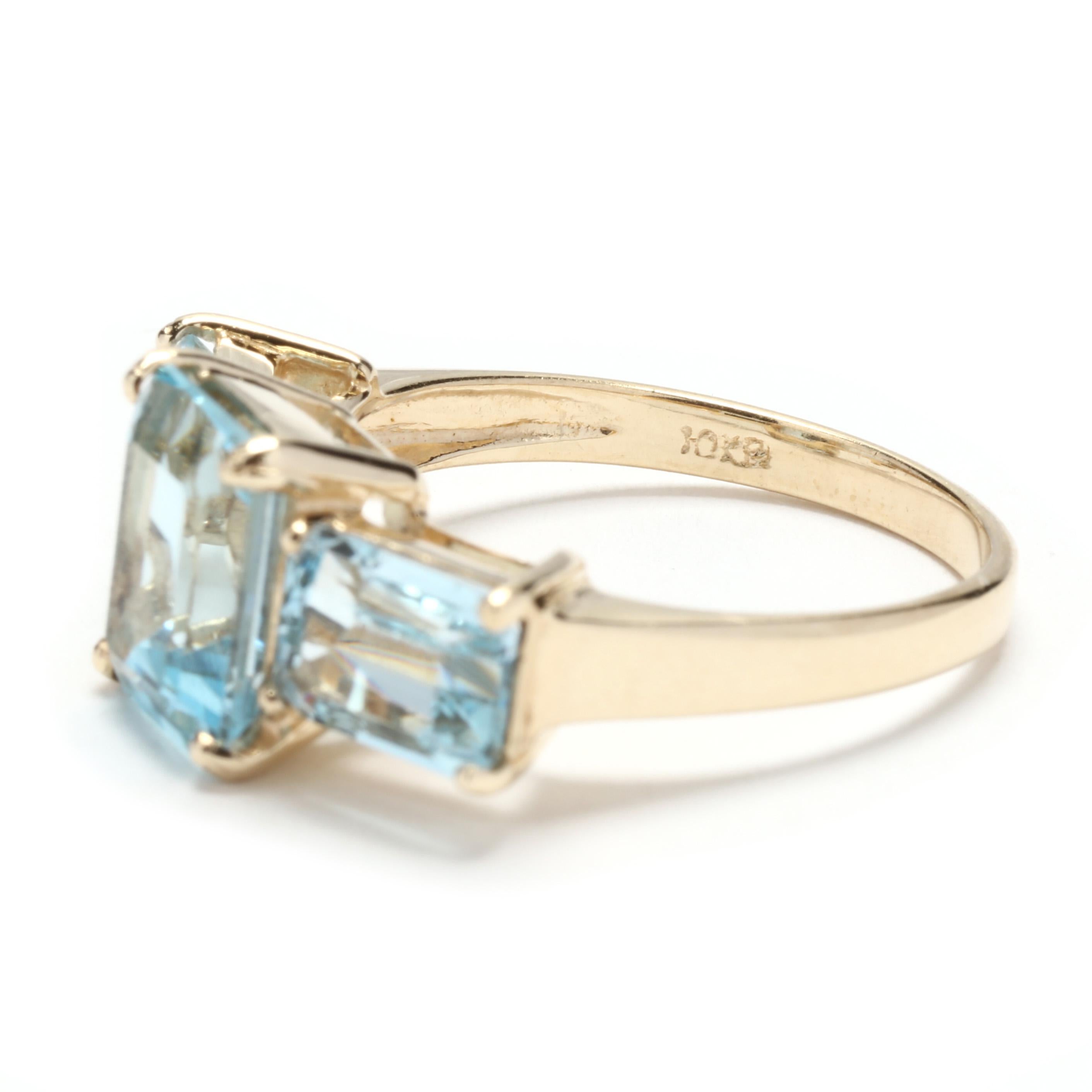 5.60ctw Emerald Cut Blue Topaz Three Stone Ring, 10Kt Yellow Gold 1