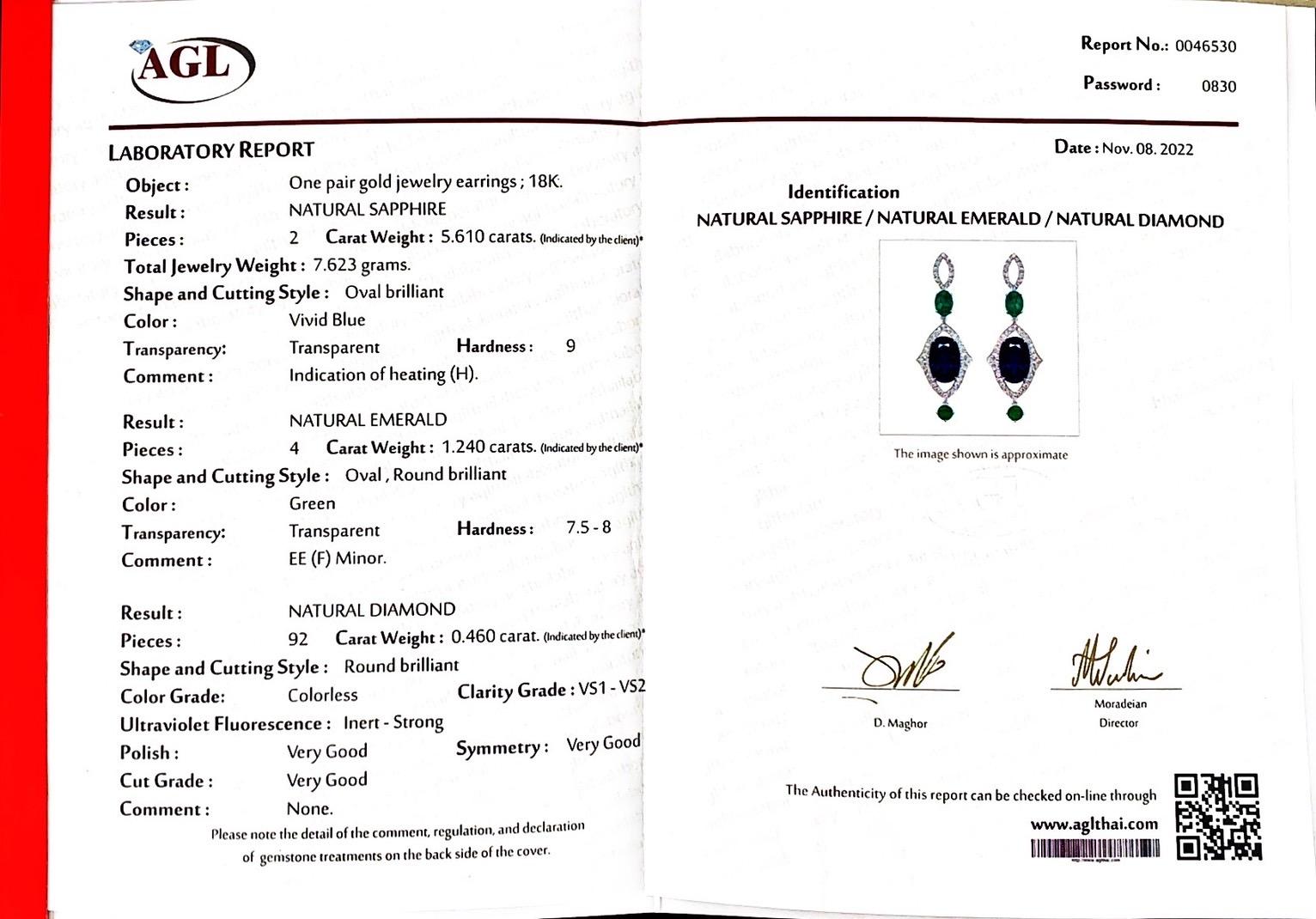 Ohrringe aus 18 Karat Weißgold mit 5,51 Karat blauem Saphir und 1,20 Karat Smaragd im Angebot 3