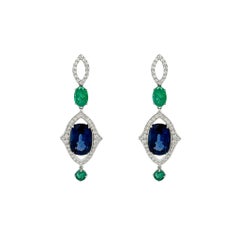 5.61 Carat Blue Sapphire and 1.20 Carat Emerald Earrings in 18K White Gold