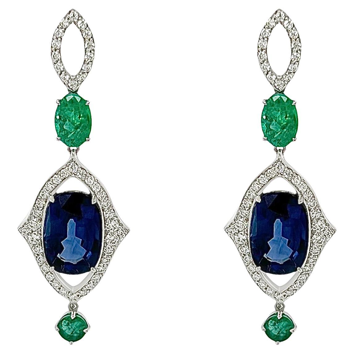 5.61 Carat Blue Sapphire and 1.20 Carat Emerald Earrings in 18K White Gold For Sale
